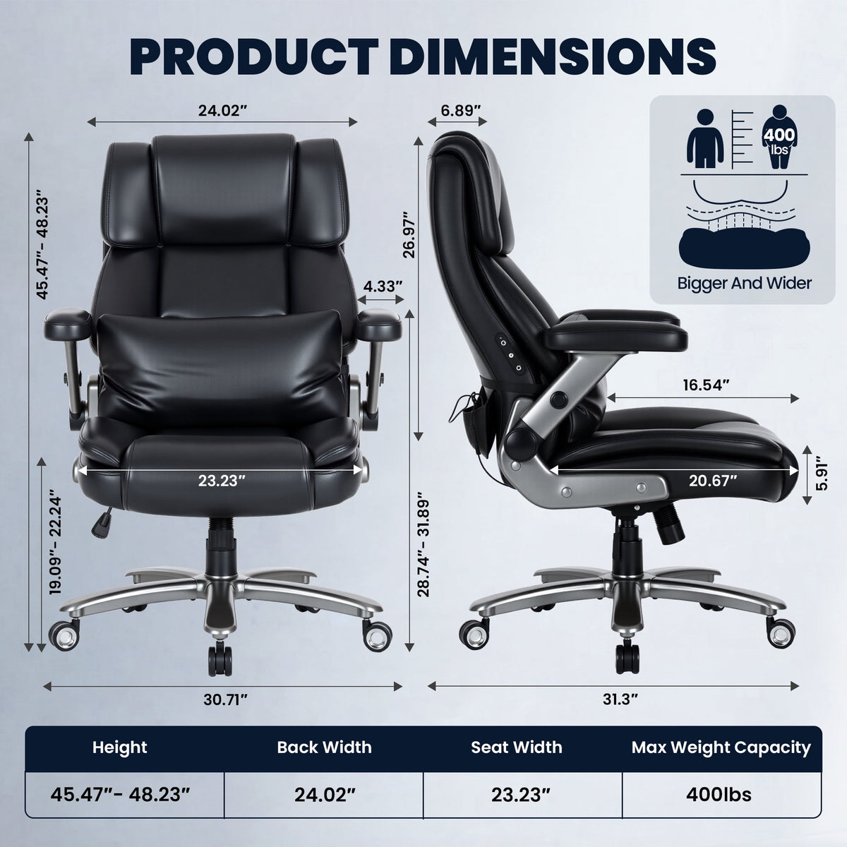 EOP Big and Tall Heated Massage Office Chair, High Back Executive Desk Chair with 4D Flip-Up Armrests & Lumbar Support for Home Office, Black