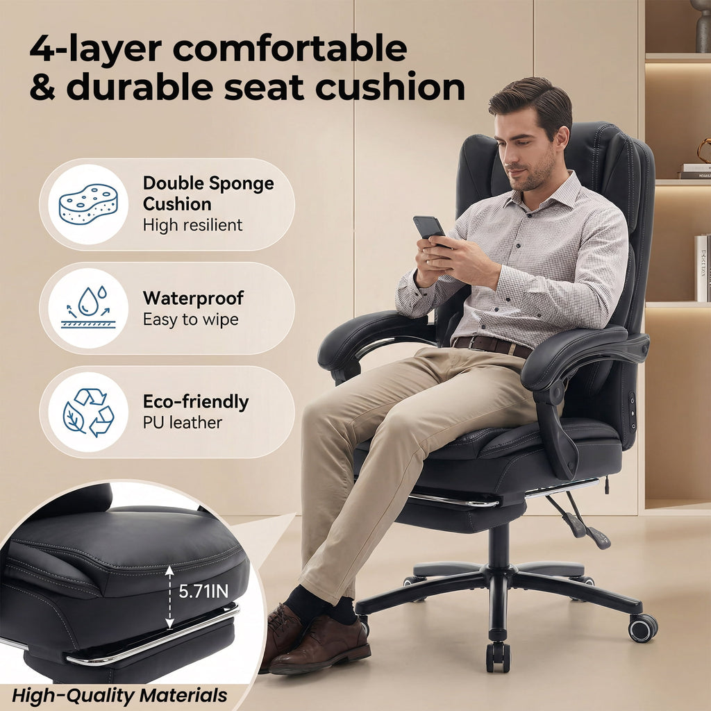 EOP Big and Tall Office Chair with Footrest, Heated Massage Faux Leather Computer Chair with 3D Linkage Armrests and Lumbar Pillow, Black