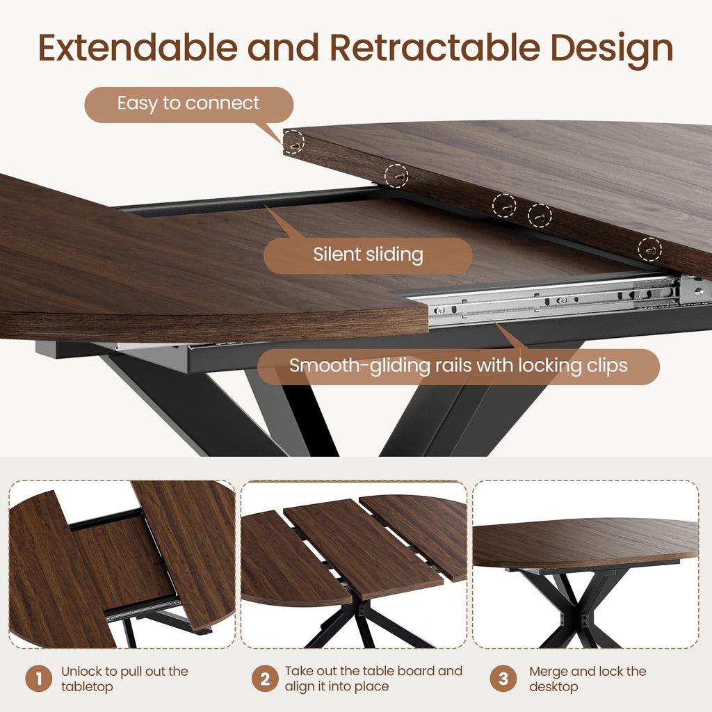 EOP 43″- 59″ Extendable Round Dining Table for 4-6, Farmhouse Oval Kitchen Table with Removable Leaves, Mid Century Modern Dining Room Table with Metal Frame, Space Saving, Walnut