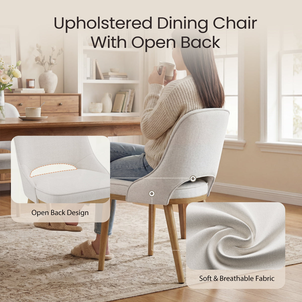 EOP Modern Dining Chairs Set of 2, Upholstered Dining Side Chairs with Solid Rubber Wood Legs, Open Back Design, Pet-Friendly Scratch-Resistant, Kitchen Dining Room Living Room Chairs, Beige