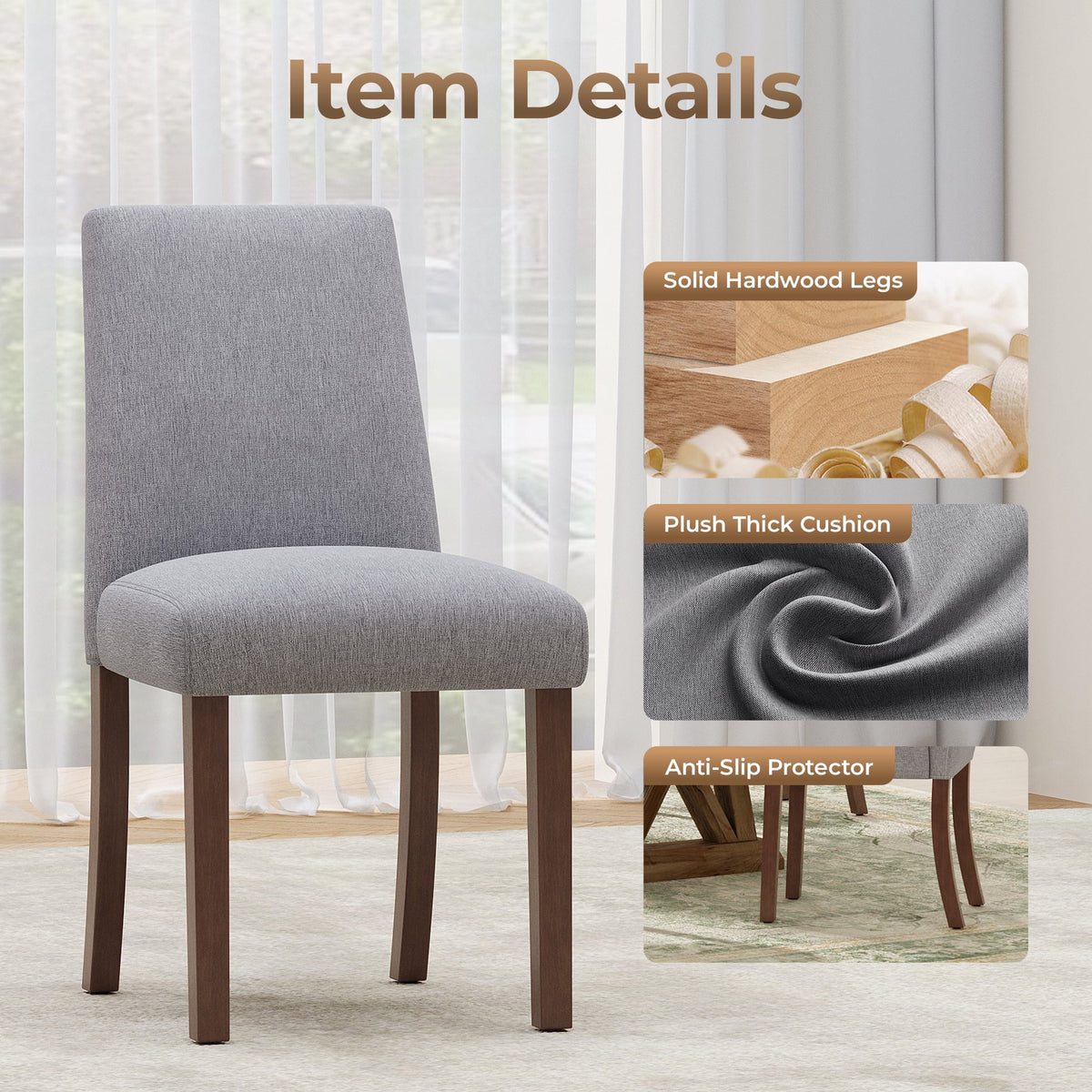 EOP Upholstered Dining Chairs Set of 6, Linen Fabric Dining Side Chairs, Farmhouse Dining Room Chairs, Stylish Kitchen Chairs with Solid Wood Legs and Padded Seat, Gray