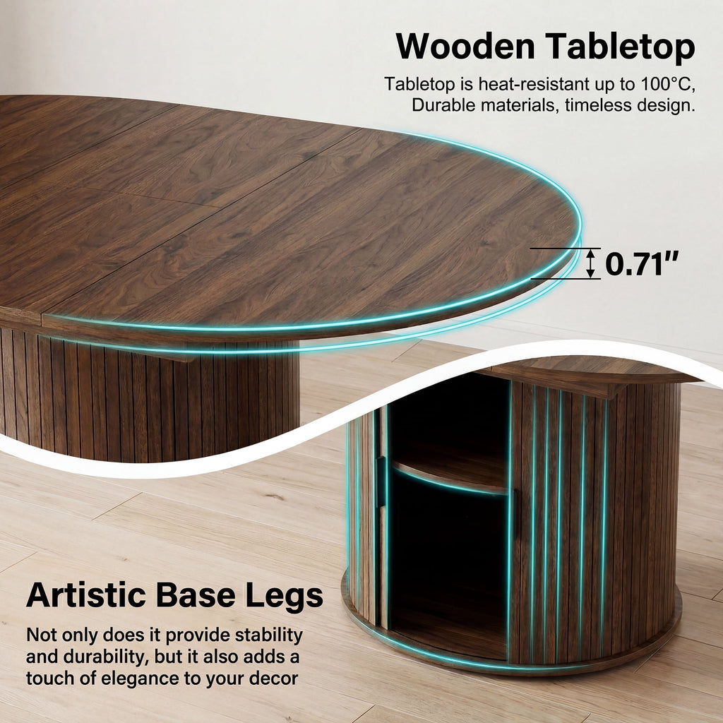 EOP 47″- 63″ Extendable Round Dining Table for 4-6, Wooden Kitchen Table with Hidden Storage and Fluted Sliding Door Cabinet, Modern Space-Saving Table for Dining Room Kitchen, Walnut