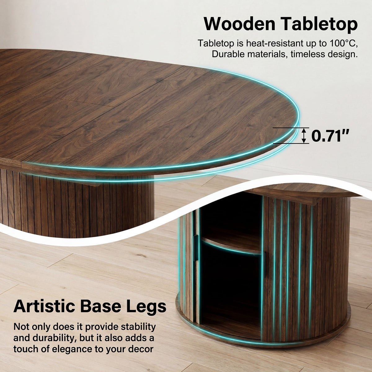 EOP 47″- 63″ Extendable Round Dining Table for 4-6, Wooden Kitchen Table with Hidden Storage and Fluted Sliding Door Cabinet, Modern Space-Saving Table for Dining Room Kitchen, Walnut
