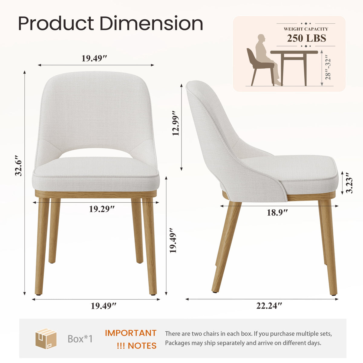 EOP Modern Dining Chairs Set of 2, Upholstered Dining Side Chairs with Solid Rubber Wood Legs, Open Back Design, Pet-Friendly Scratch-Resistant, Kitchen Dining Room Living Room Chairs, Beige