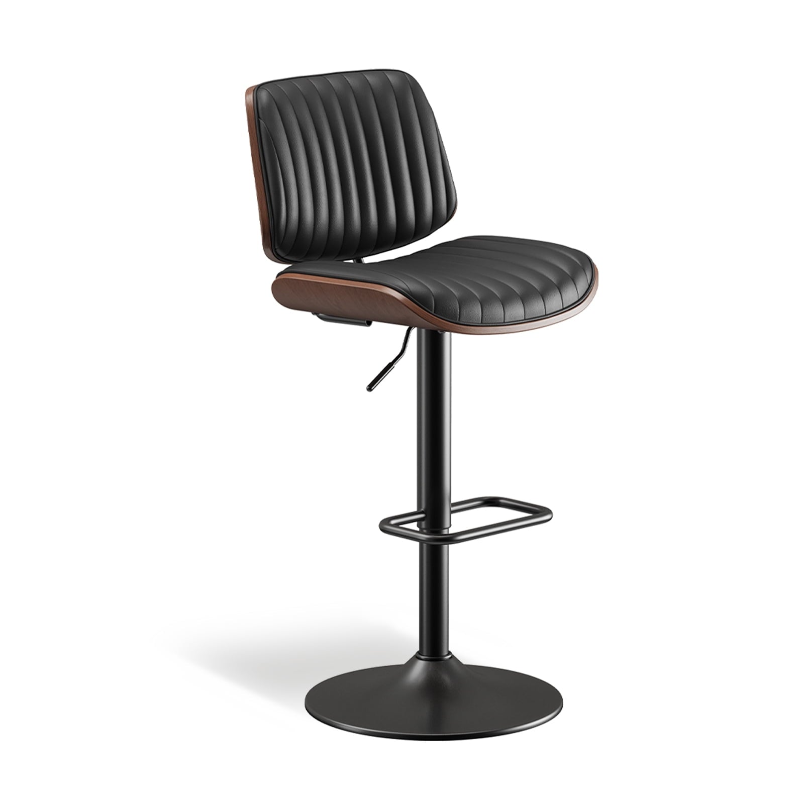 EOP Modern Single Upholstered 26’’H Barstool, Adjustable Height Counter Stool with Bentwood, Faux Leather Swivel Bar Stool with Metal Frame, Black