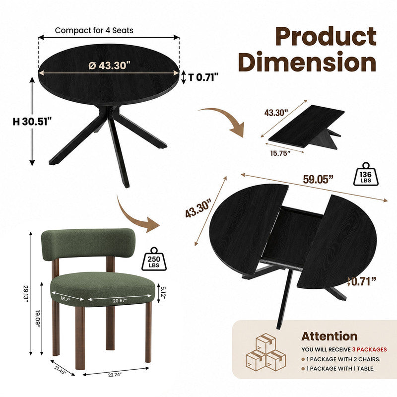 EOP 5-Piece Dining Set with Expandable 43″- 59″ Dining Table and 4 Upholstered Chairs for Small Spaces Small Home Kitchen Apartment, Black Table with Green Chairs