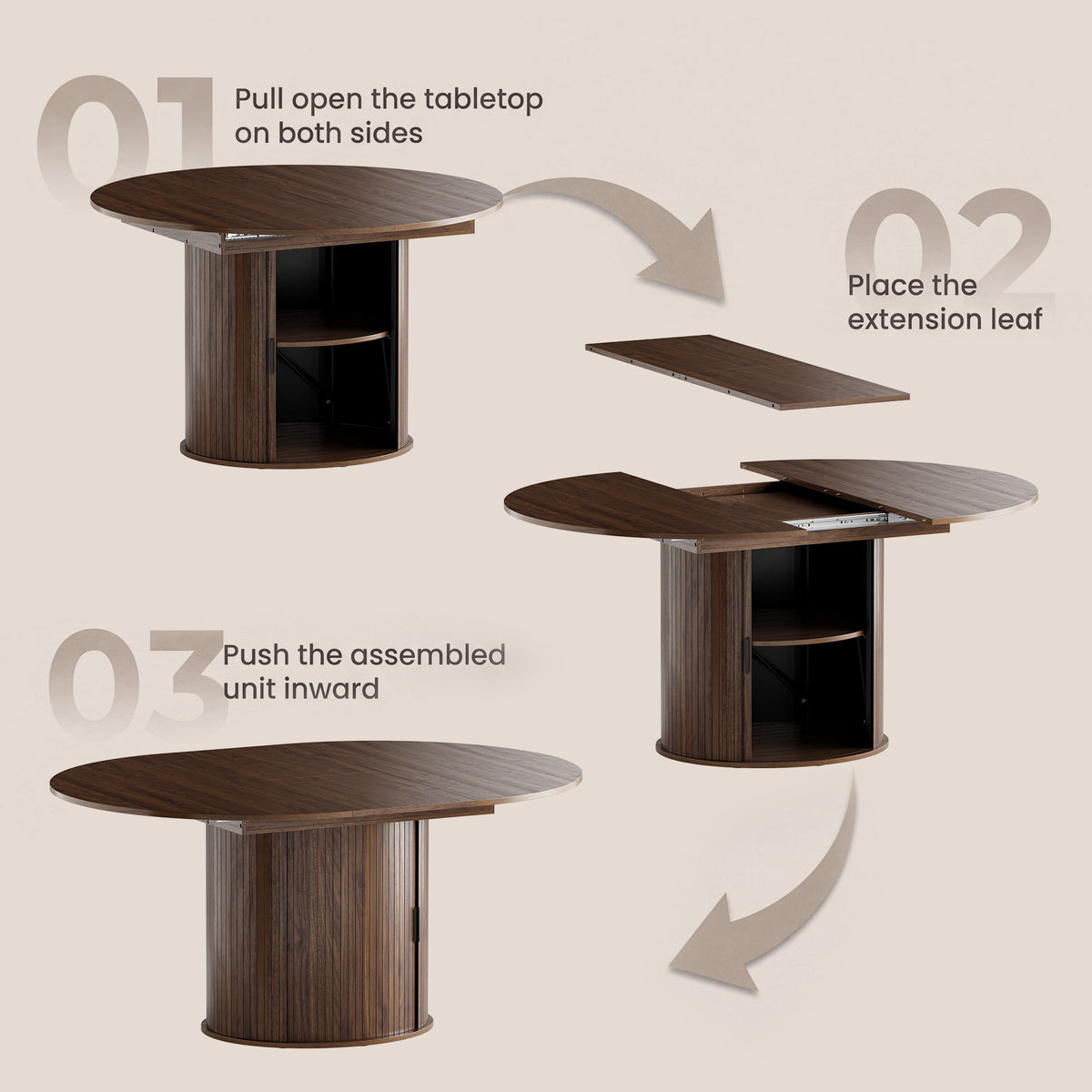 EOP 47″- 63″ Extendable Round Dining Table for 4-6, Wooden Kitchen Table with Hidden Storage and Fluted Sliding Door Cabinet, Modern Space-Saving Table for Dining Room Kitchen, Walnut