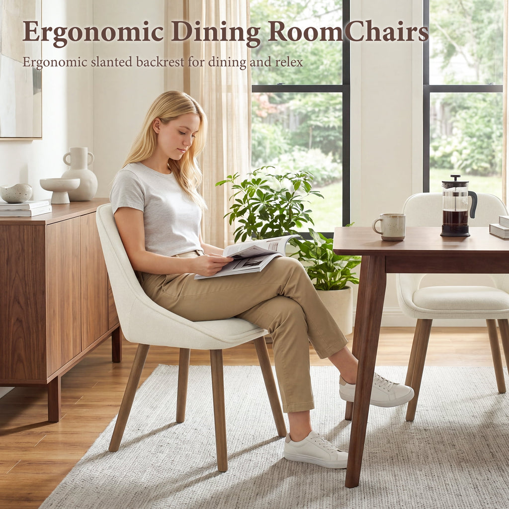 EOP Modern Upholstered Dining Chairs with Curved Back, Mid-Century Side Chairs with Solid Wood Legs For Dining Room, Kitchen and Restaurant, Set of 4, Beige