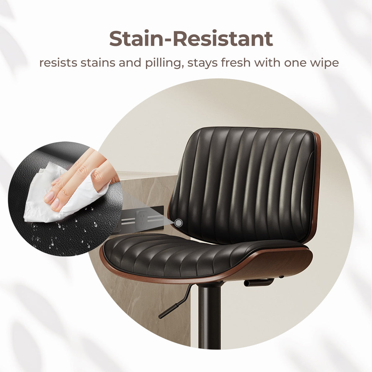 EOP Adjustable Swivel Bar Stools Single Piece Faux Leather Upholstered Counter Height Chairs with Back Dining Barstools for Kitchen Island, Black