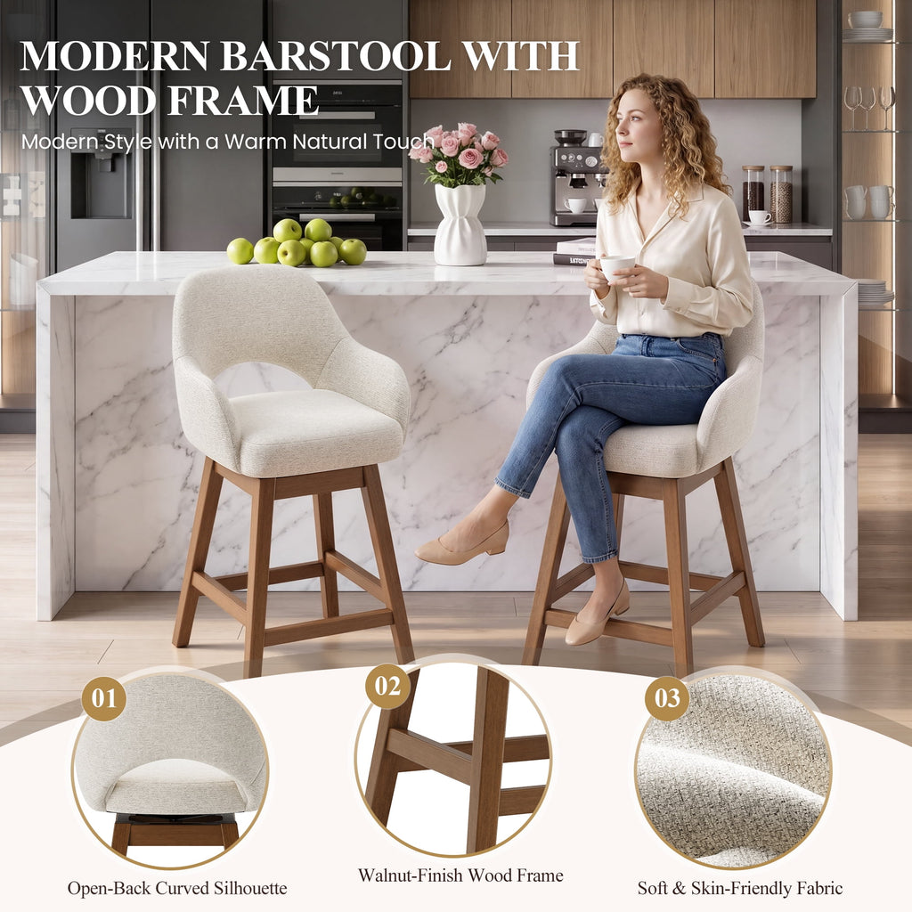 EOP Modern Swivel Bar Stools Set of 2, 25" Upholstered Counter Height Bar Stools with Wood Legs & Curved Back, Mid Century Bar Chairs for Kitchen Island Pub, Beige