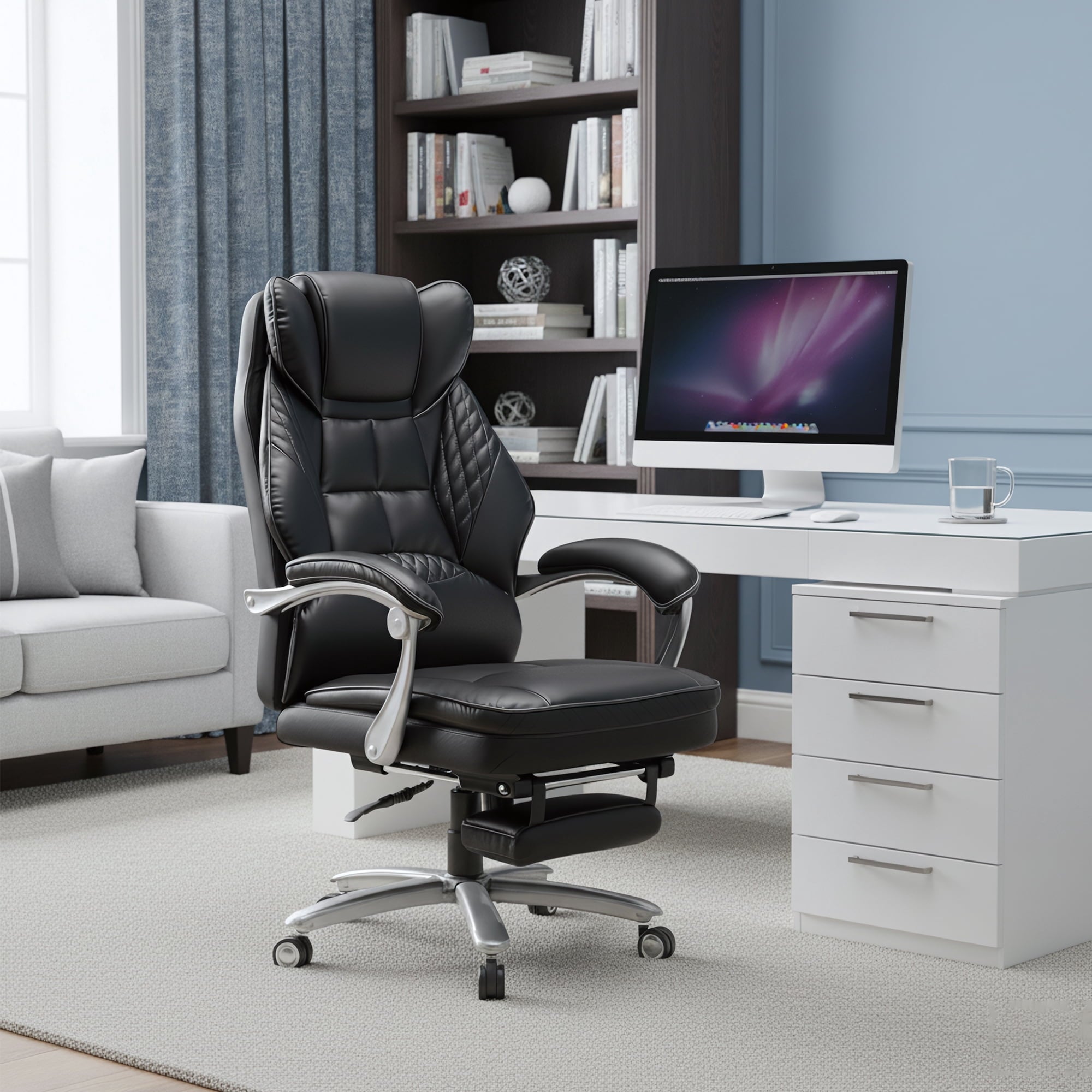 EOP Massage Big and Tall Office Chair with Heat and 4 Vibration Points, Executive Desk Chair with Adjustable Footrest, Black