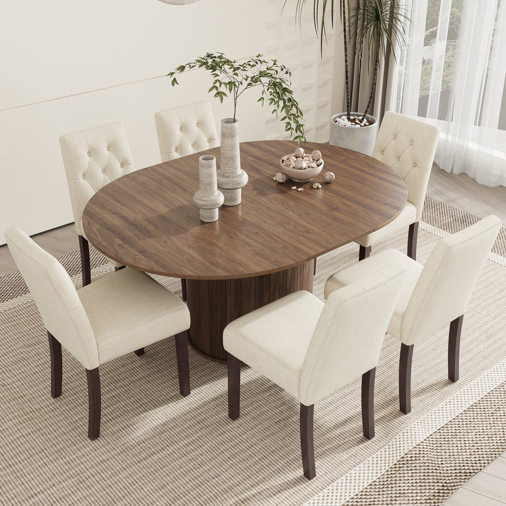 EOP 7-Piece Extendable Dining Table Set for 6, 47"-63" Wood Kitchen Table with 6 Upholstered Chairs, Space-Saving Drop Leaf Kitchen Table for Dining Room, Small Space