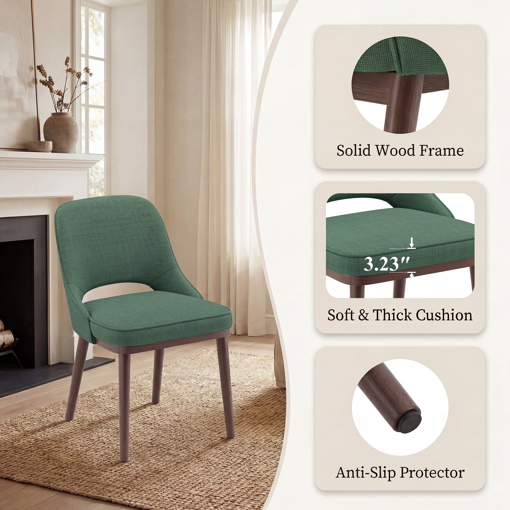 EOP Dining Chairs Set of 2, Upholstered Dining Side Chairs with Solid Rubber Wood Legs and Backrest, Modern Soft Chairs for Kitchen Dining Room Living Room, Green