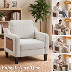 EOP Modern Comfy Armchair, Linen Fabric Accent Chair with Side Pockets, Living Room Chair with Foldable Table, Upholstered Reading Chair for Bedroom, Beige