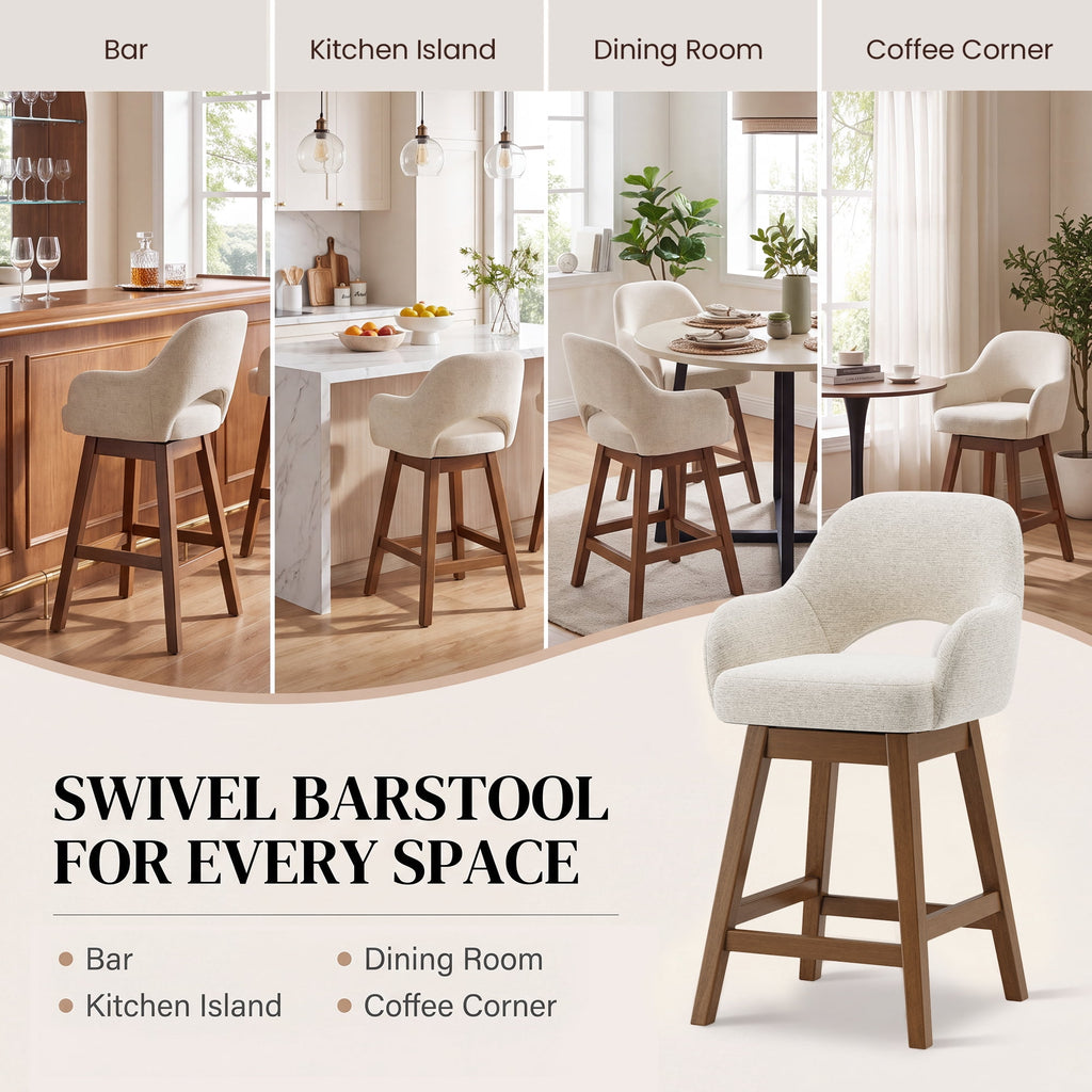 EOP Modern Swivel Bar Stools Set of 2, 25" Upholstered Counter Height Bar Stools with Wood Legs & Curved Back, Mid Century Bar Chairs for Kitchen Island Pub, Beige