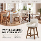 EOP Modern Swivel Bar Stools Set of 2, 25" Upholstered Counter Height Bar Stools with Wood Legs & Curved Back, Mid Century Bar Chairs for Kitchen Island Pub, Beige