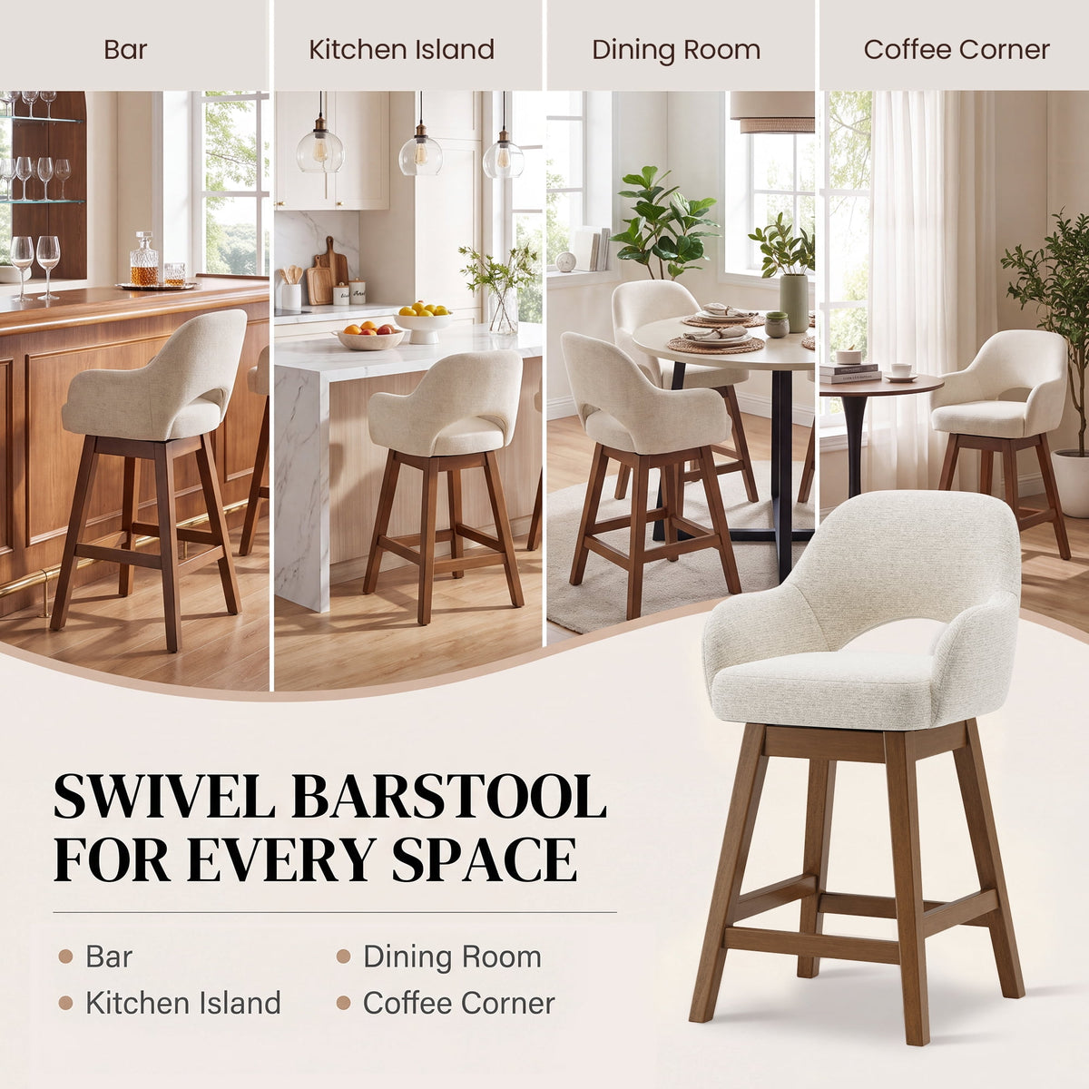 EOP Modern Swivel Bar Stools Set of 2, 25" Upholstered Counter Height Bar Stools with Wood Legs & Curved Back, Mid Century Bar Chairs for Kitchen Island Pub, Beige