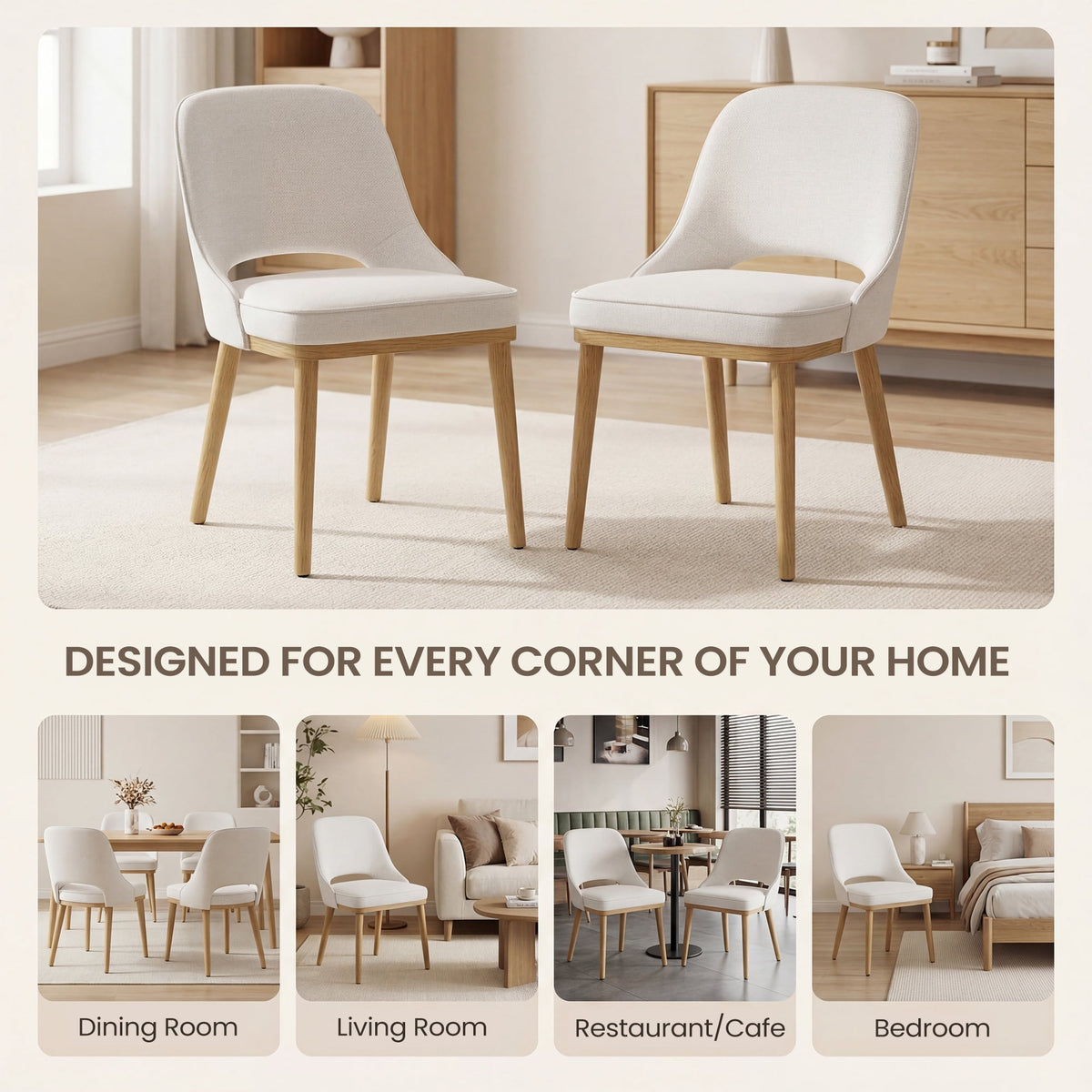EOP Modern Dining Chairs Set of 2, Upholstered Dining Side Chairs with Solid Rubber Wood Legs, Open Back Design, Pet-Friendly Scratch-Resistant, Kitchen Dining Room Living Room Chairs, Beige