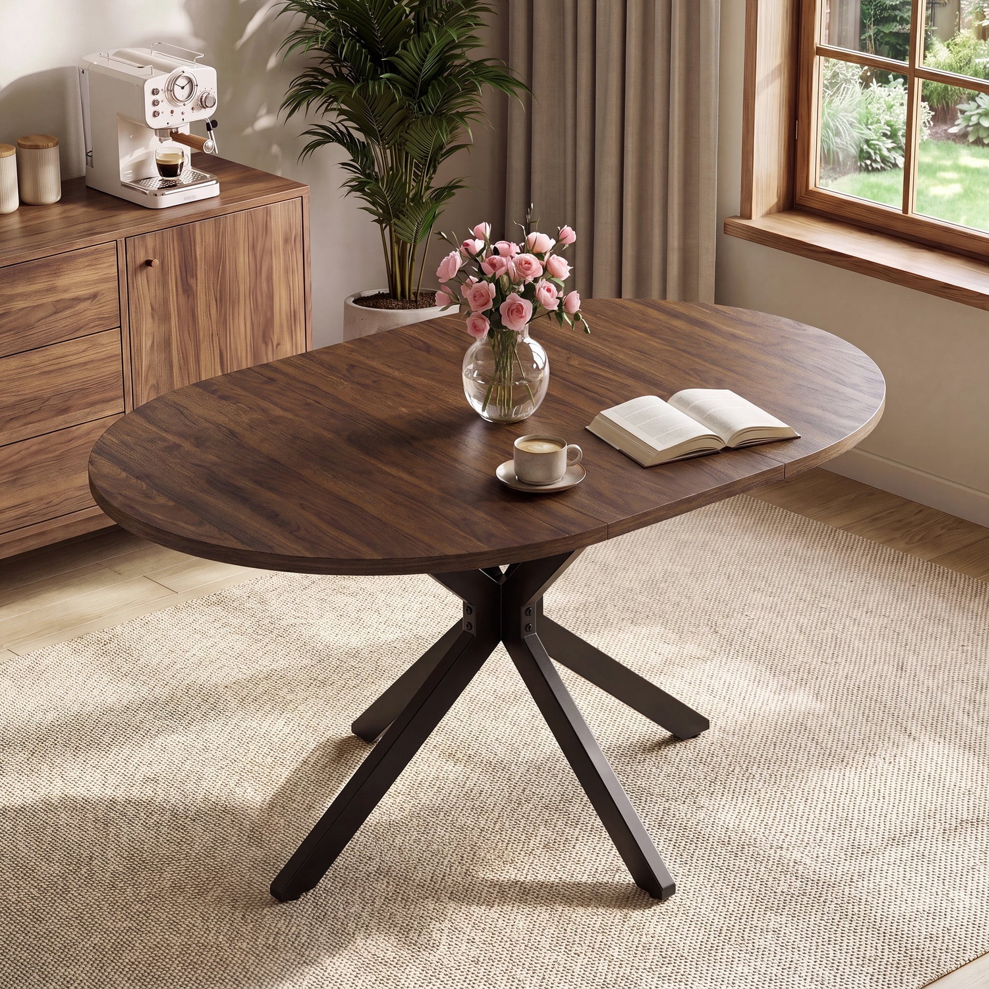EOP 43″- 59″ Extendable Round Dining Table for 4-6, Farmhouse Oval Kitchen Table with Removable Leaves, Mid Century Modern Dining Room Table with Metal Frame, Space Saving, Walnut