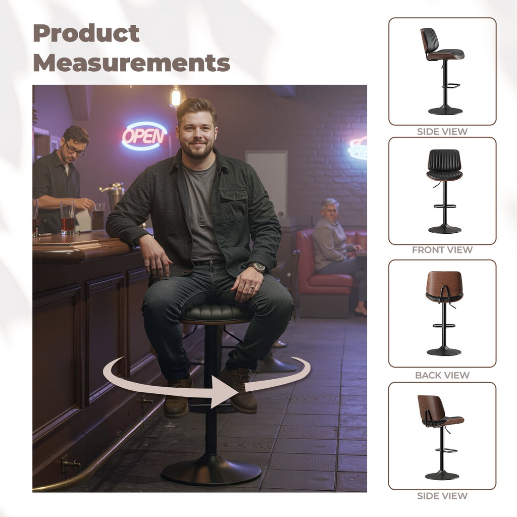 EOP Adjustable Swivel Bar Stools Single Piece Faux Leather Upholstered Counter Height Chairs with Back Dining Barstools for Kitchen Island, Black