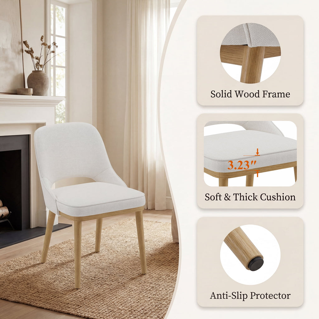 EOP Modern Dining Chairs Set of 2, Upholstered Dining Side Chairs with Solid Rubber Wood Legs, Open Back Design, Pet-Friendly Scratch-Resistant, Kitchen Dining Room Living Room Chairs, Beige
