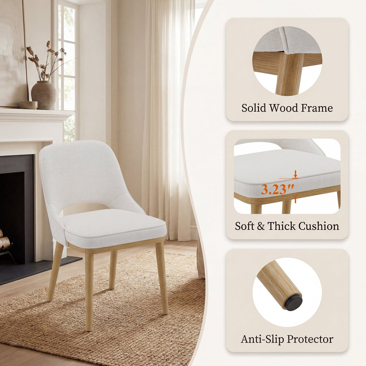 EOP Modern Dining Chairs Set of 2, Upholstered Dining Side Chairs with Solid Rubber Wood Legs, Open Back Design, Pet-Friendly Scratch-Resistant, Kitchen Dining Room Living Room Chairs, Beige