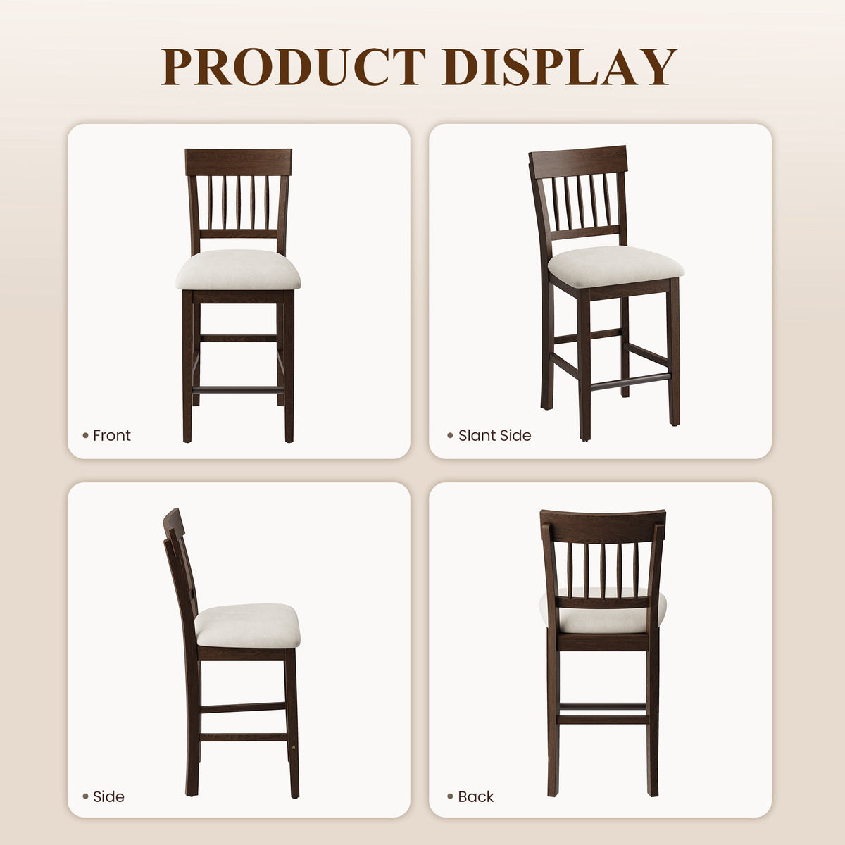 EOP Windsor Armless Bar Stools Set of 2 Counter Height Stool Wooden Barstools Antique-style Island chair for Kitchen Bar Dining Room, Dark Brown