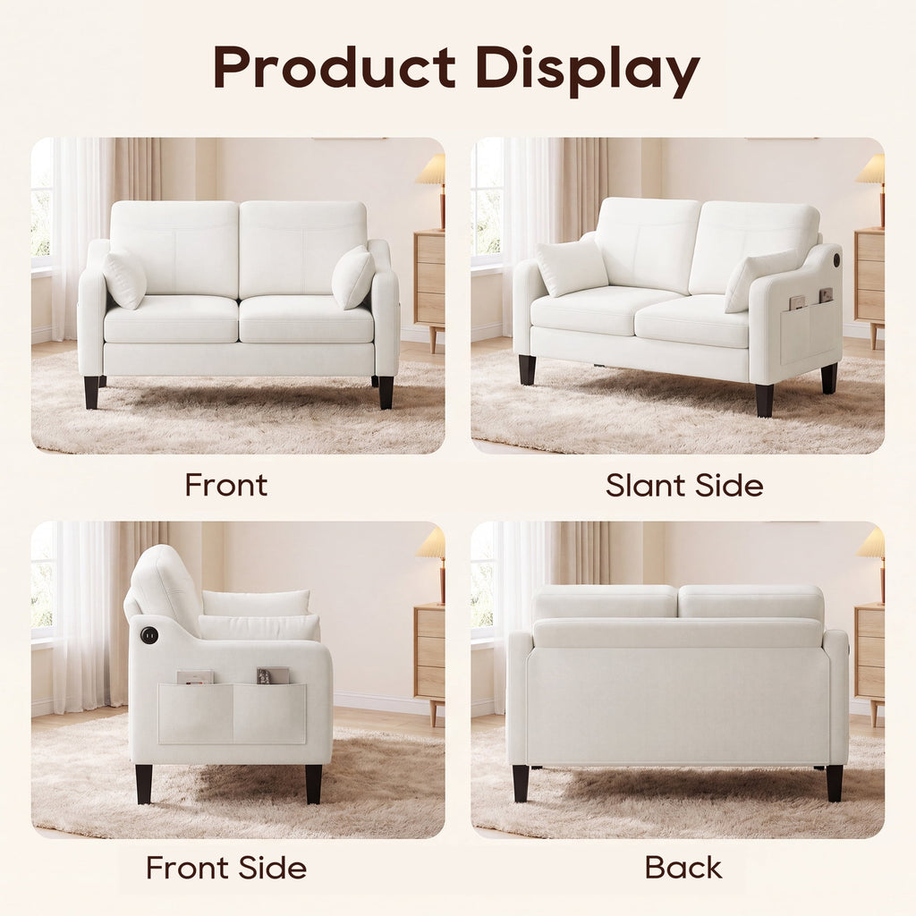 EOP 52" Upholstered Loveseat Sofa with USB & Type-C Charging, 2 Seater Small Couch with Storage Pockets & Armrest Pillows for Living Room, Apartment, Office, Small Spaces, Beige