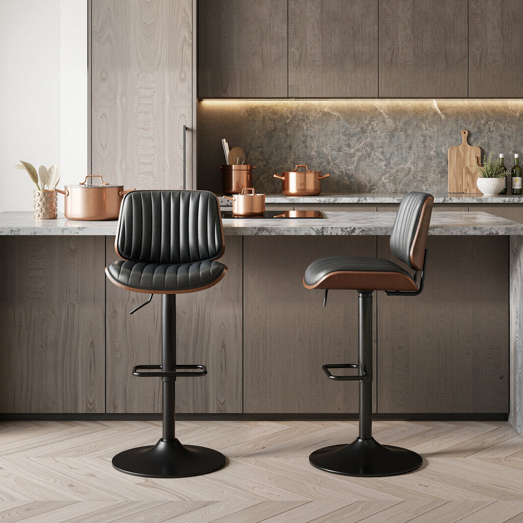 EOP Adjustable Swivel Bar Stools Single Piece Faux Leather Upholstered Counter Height Chairs with Back Dining Barstools for Kitchen Island, Black