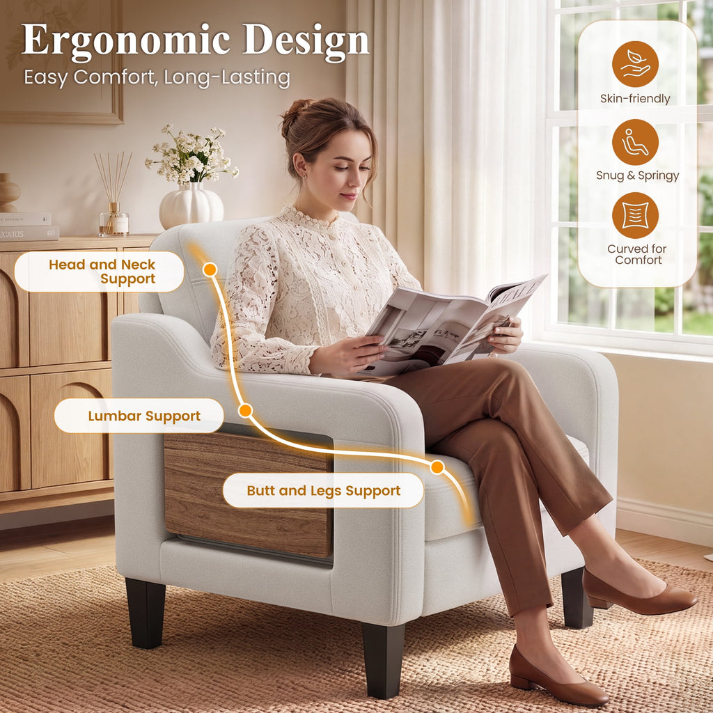 EOP Modern Comfy Armchair, Linen Fabric Accent Chair with Side Pockets, Living Room Chair with Foldable Table, Upholstered Reading Chair for Bedroom, Beige