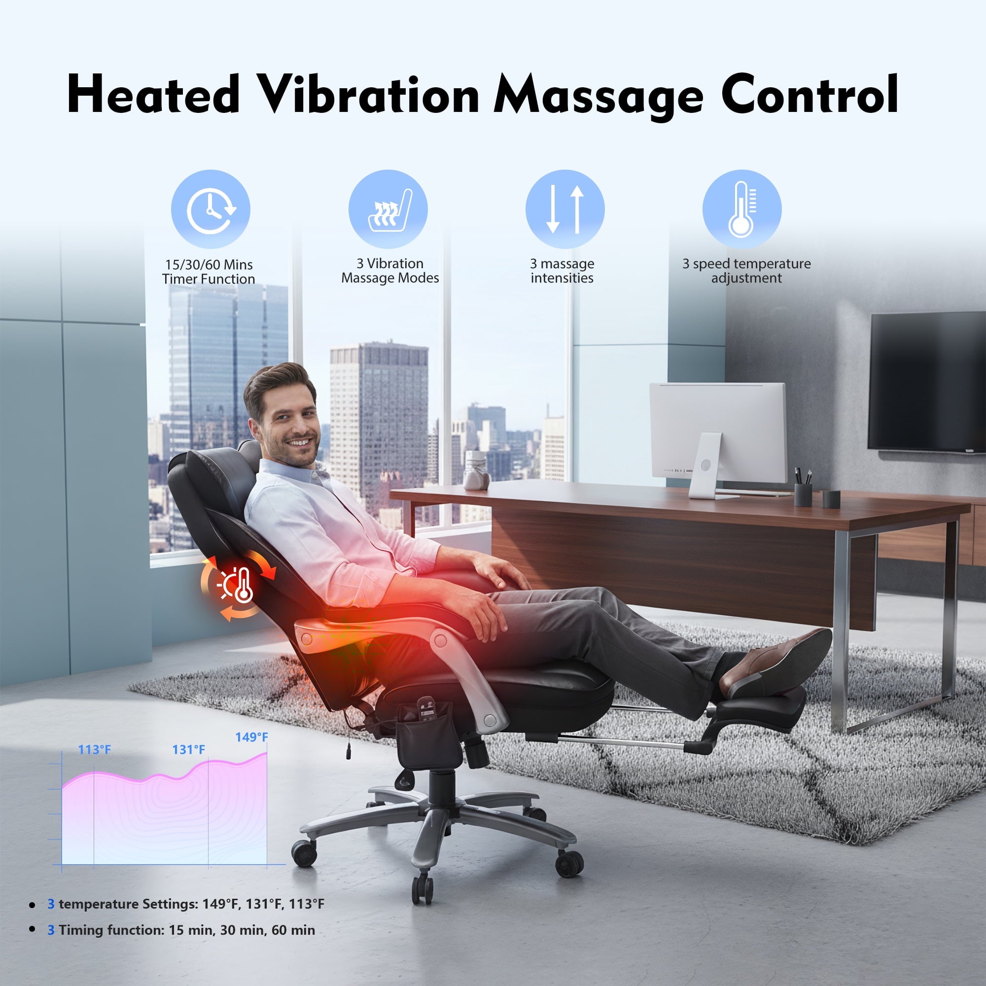 EOP Massage Big and Tall Office Chair with Heat and 4 Vibration Points, Executive Desk Chair with Adjustable Footrest, Black