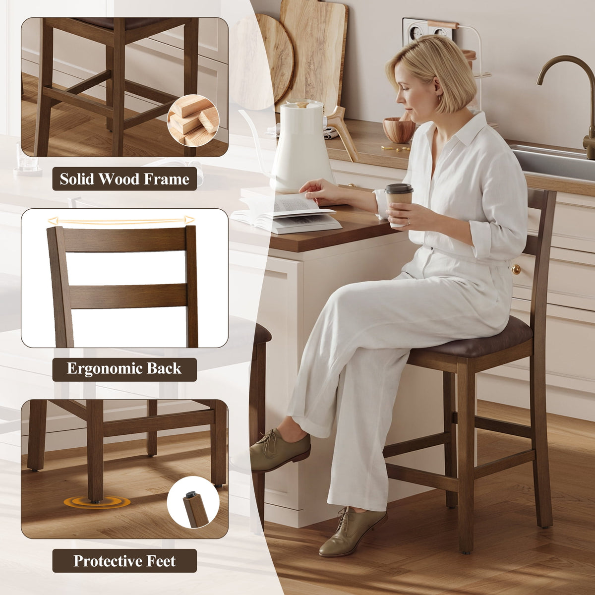 EOP Wood Bar Stools, PU Leather Upholstered Bar Chairs with Slat Back, Count Height Barstools with Footrest for Kitchen Island