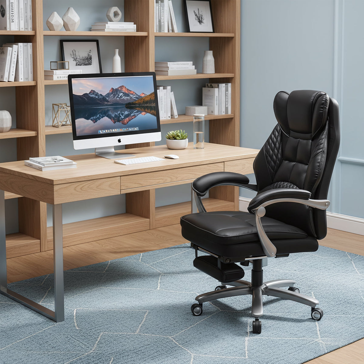EOP Massage Big and Tall Office Chair with Heat and 4 Vibration Points, Executive Desk Chair with Adjustable Footrest, Black