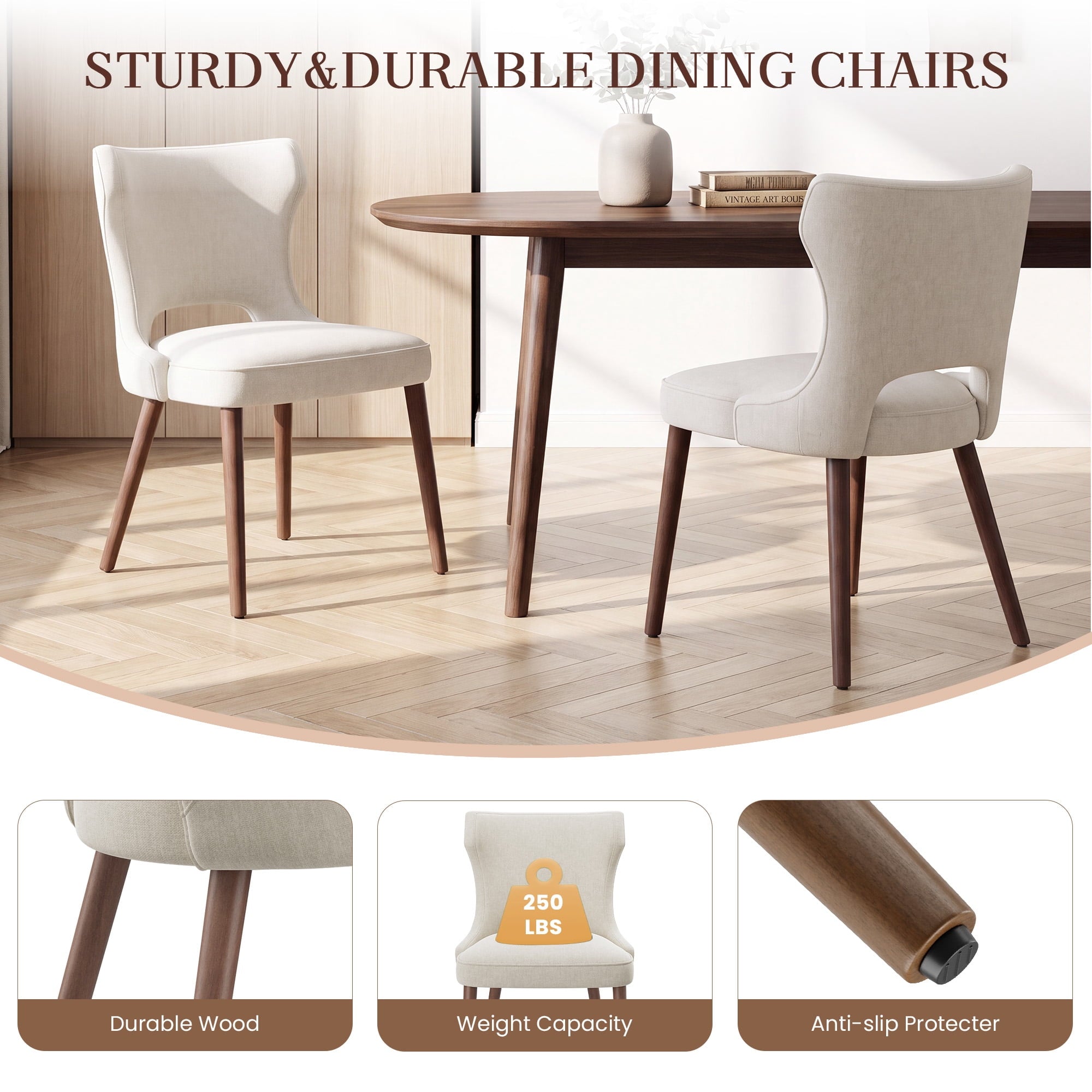 EOP Modern Fabric Upholstered Dining Chairs Set of 2, Wingback Dining Side Chairs with Solid Wood Legs, Farmhouse Dining Room Chairs for Dining Kitchen Living Room, Beige