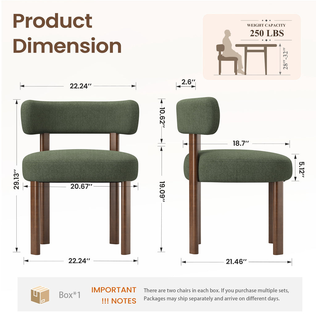 EOP Fabric Dining Chairs Set of 2, Mid-Century Modern Upholstered Kitchen Chairs with Curved Backrest and Wood Legs for Dining Room or Restaurant, Green