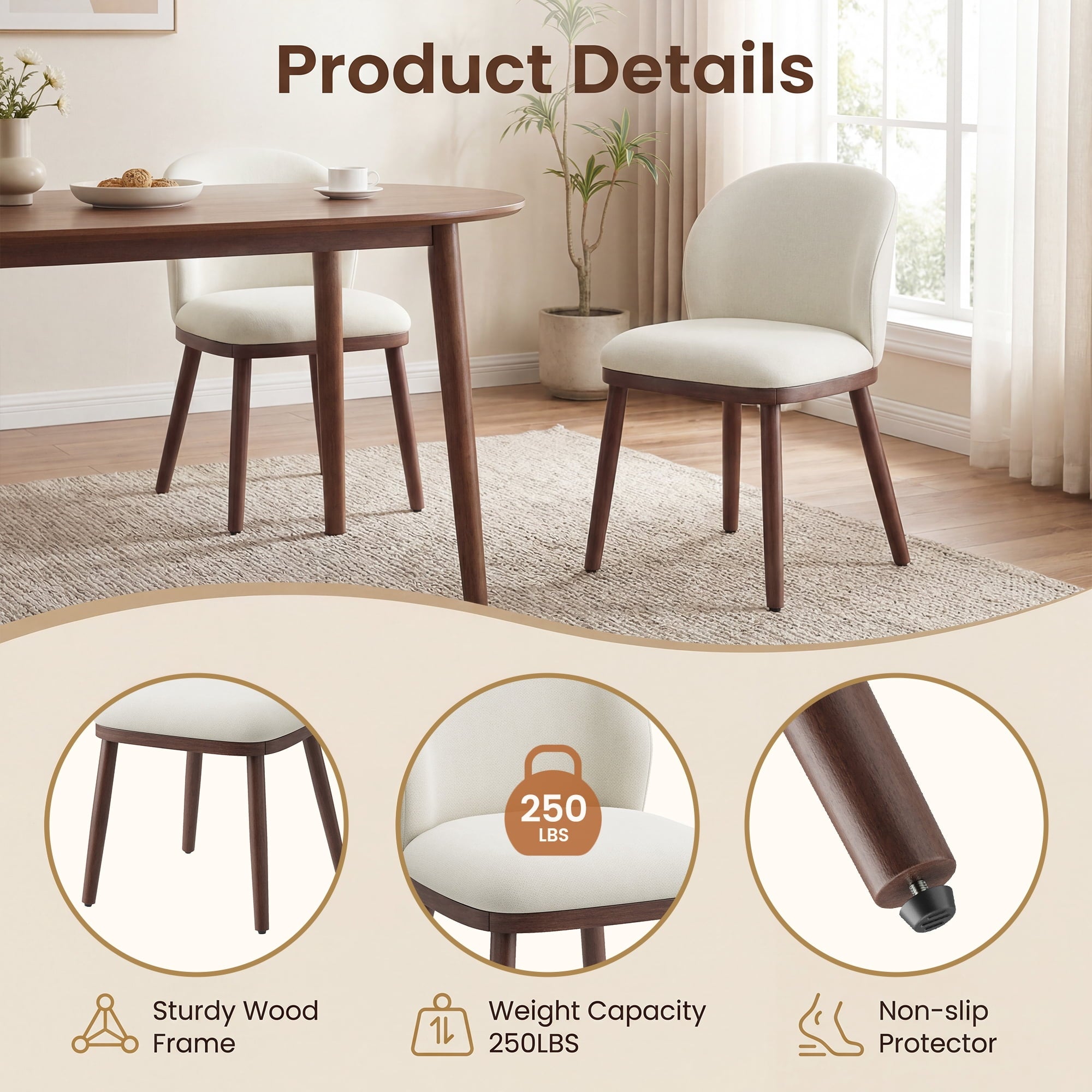 EOP Upholstered Dining Chairs Set of 2, Modern Fabric Dining Side Chairs with Wood Legs & Wing Backrest, for Dining Room Living Room Bedroom, Beige