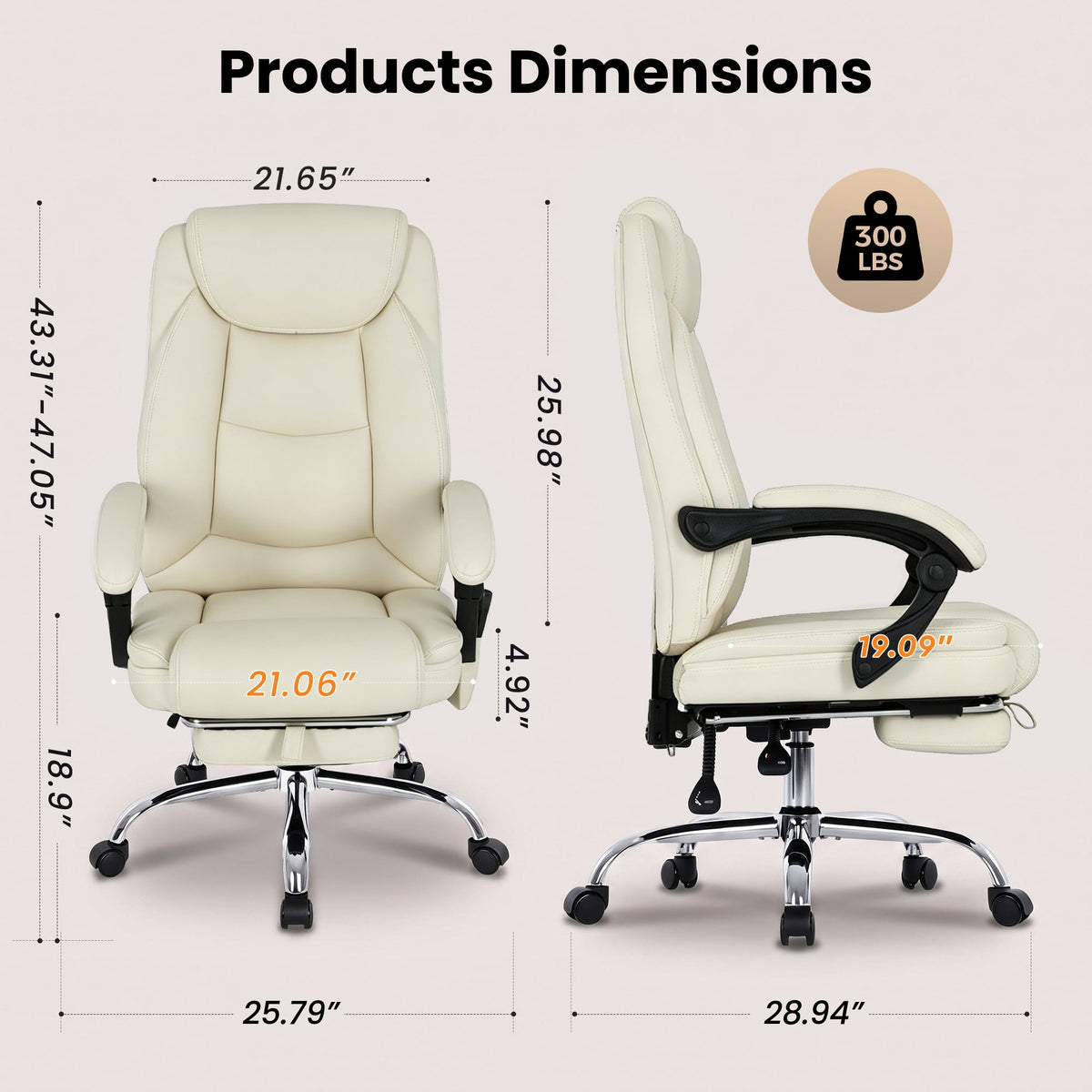 EOP Massage Faux Leather Desk Chair with Footrest High Back Office Chair Computer Reclining, Beige