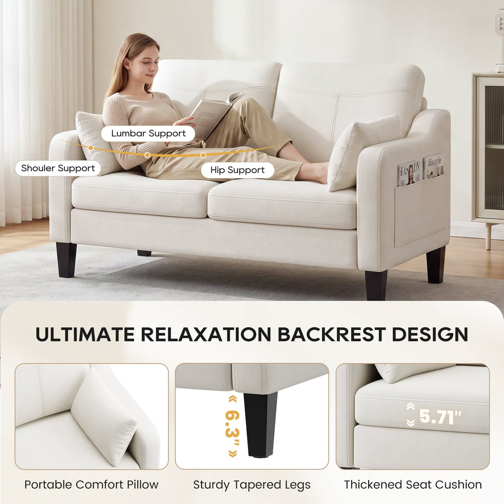 EOP 52" Upholstered Loveseat Sofa, Modern Comfy 2 Seater Couches with USB & Type-C Port, Side Pockets & 2 Pillows for Living Room, Apartment and Small Spaces, Beige