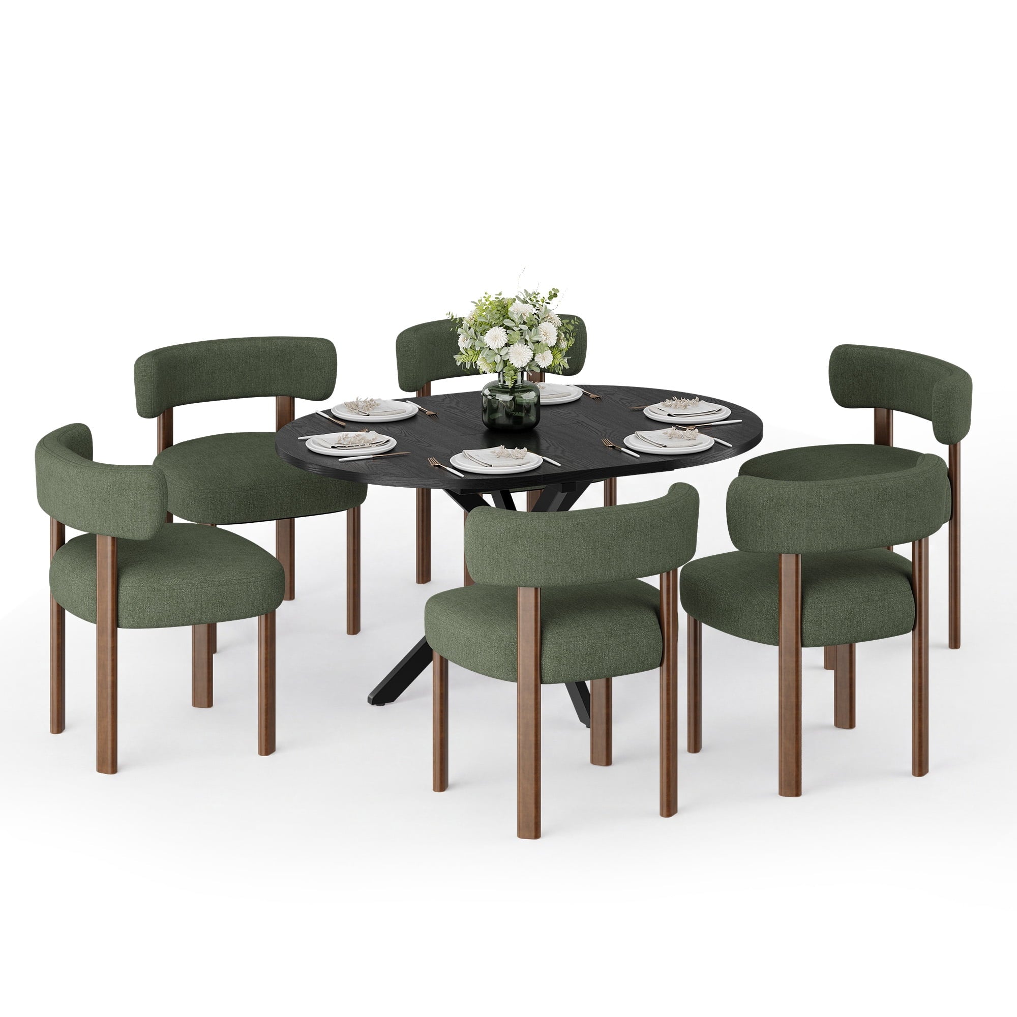 EOP 7-Piece Dining Set with Expandable 43″- 59″ Dining Table and 6 Upholstered Chairs for Small Spaces Small Home Kitchen Apartment, Black Table with Green Chairs