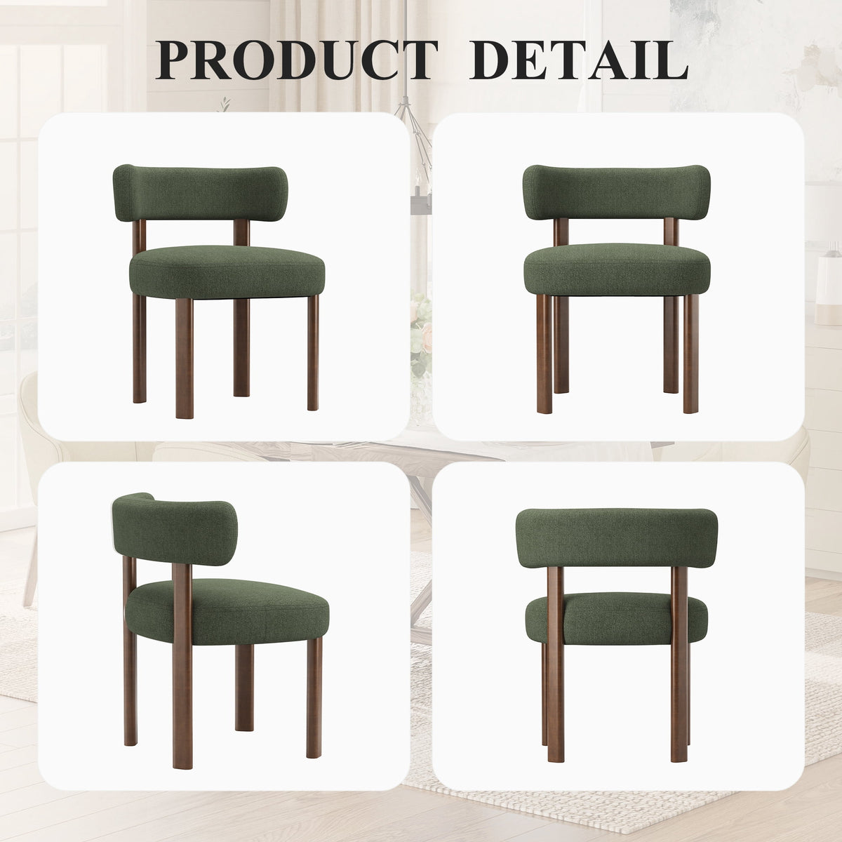 Upholstered Dining Chairs Set of 4, Mid Century Modern Dining Room Chairs, Farmhouse Wooden Chairs with Ergonomic Curved Backrest for Kitchen Dining Vanity