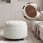 EOP 25" Round Storage Ottoman, Tufted Fabric Modern Circle Ottoman with Reversible Tray Lid, Solid Wood Legs, Multi-Use Coffee Table & Seating for Living Room, Bedroom, Beige