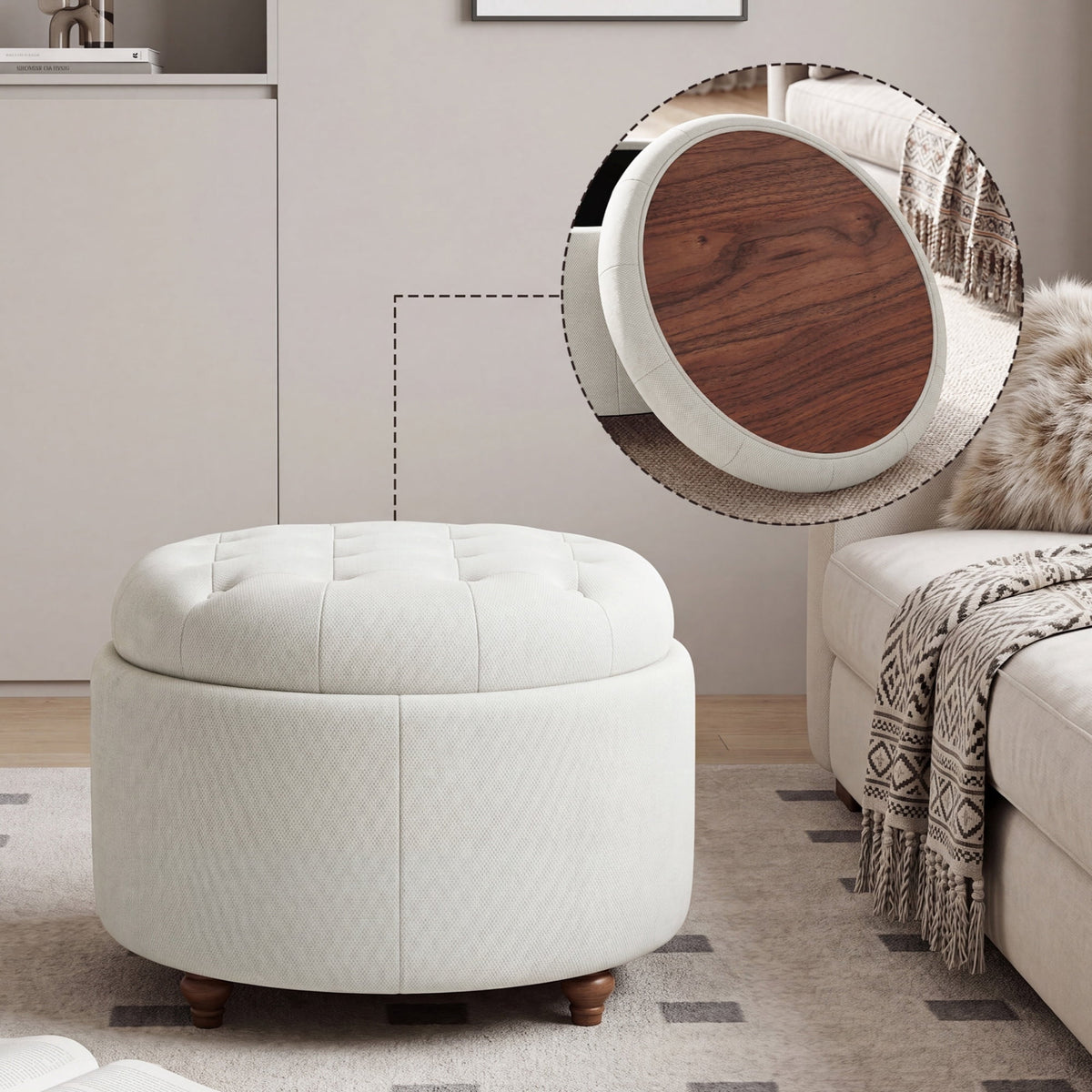 EOP 25" Round Storage Ottoman, Tufted Fabric Modern Circle Ottoman with Reversible Tray Lid, Solid Wood Legs, Multi-Use Coffee Table & Seating for Living Room, Bedroom, Beige
