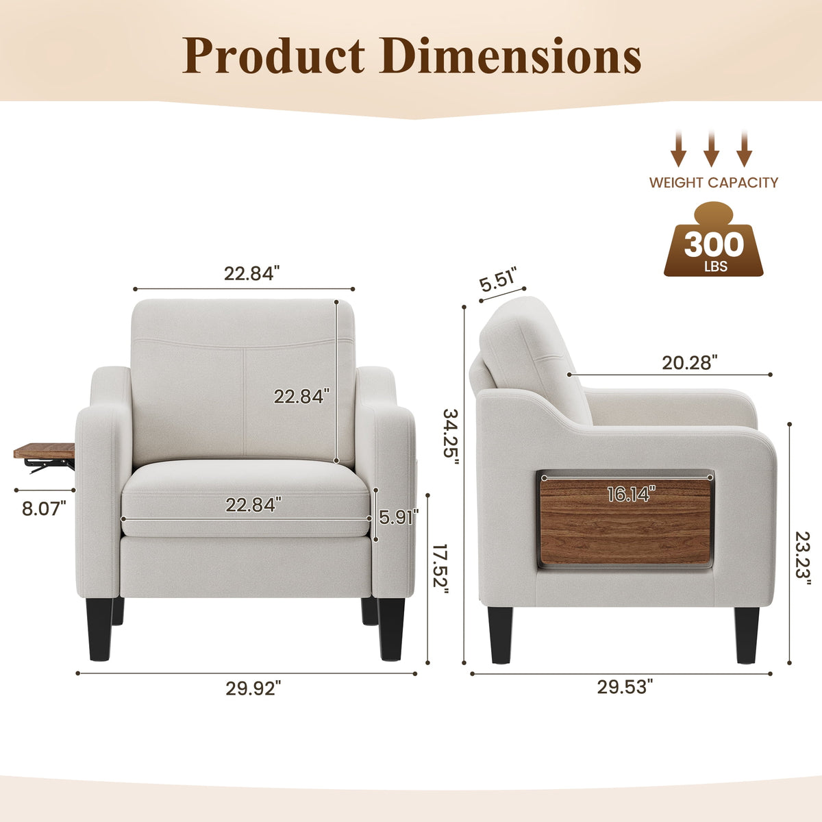 EOP Modern Comfy Armchair, Linen Fabric Accent Chair with Side Pockets, Living Room Chair with Foldable Table, Upholstered Reading Chair for Bedroom, Beige