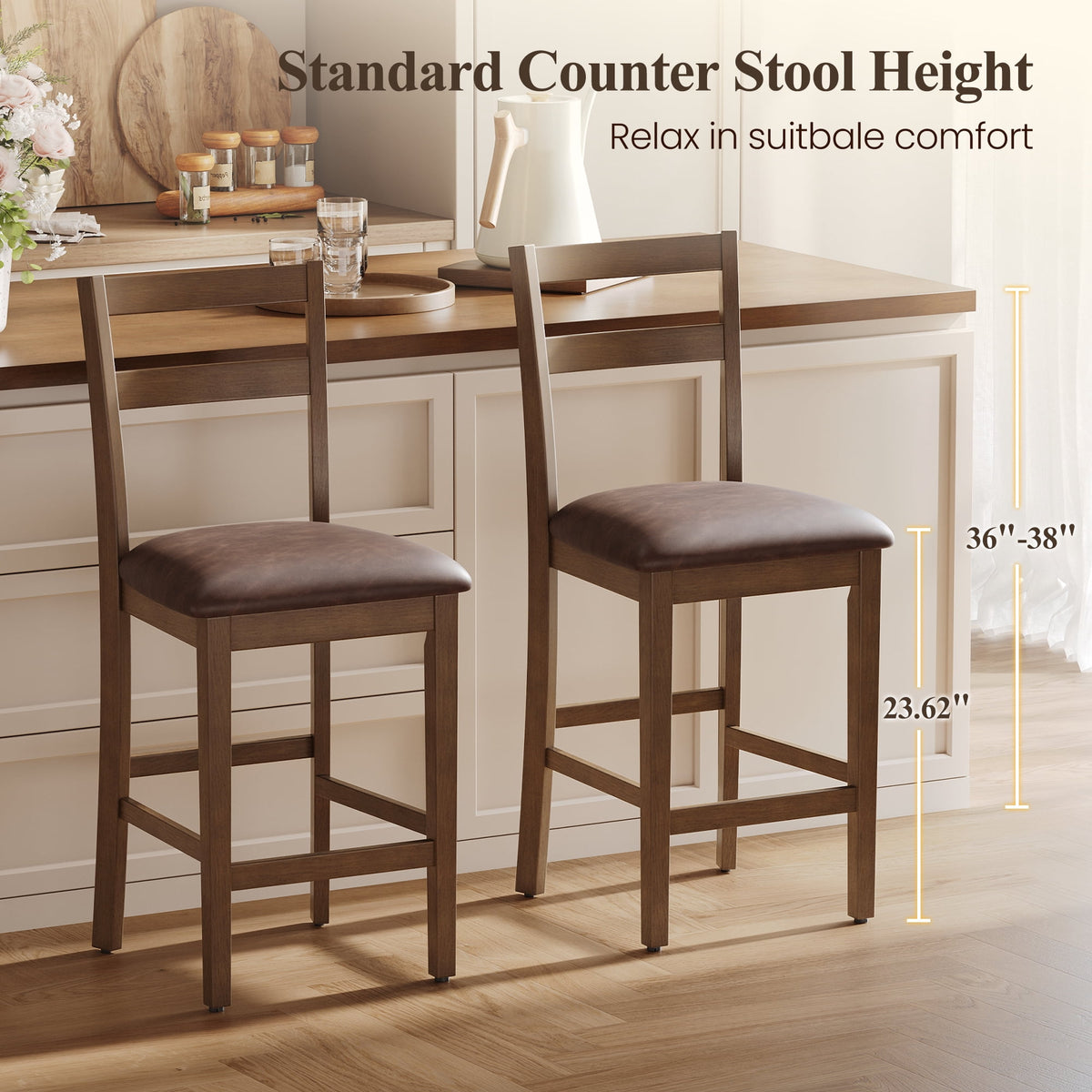 EOP Wood Bar Stools, PU Leather Upholstered Bar Chairs with Slat Back, Count Height Barstools with Footrest for Kitchen Island