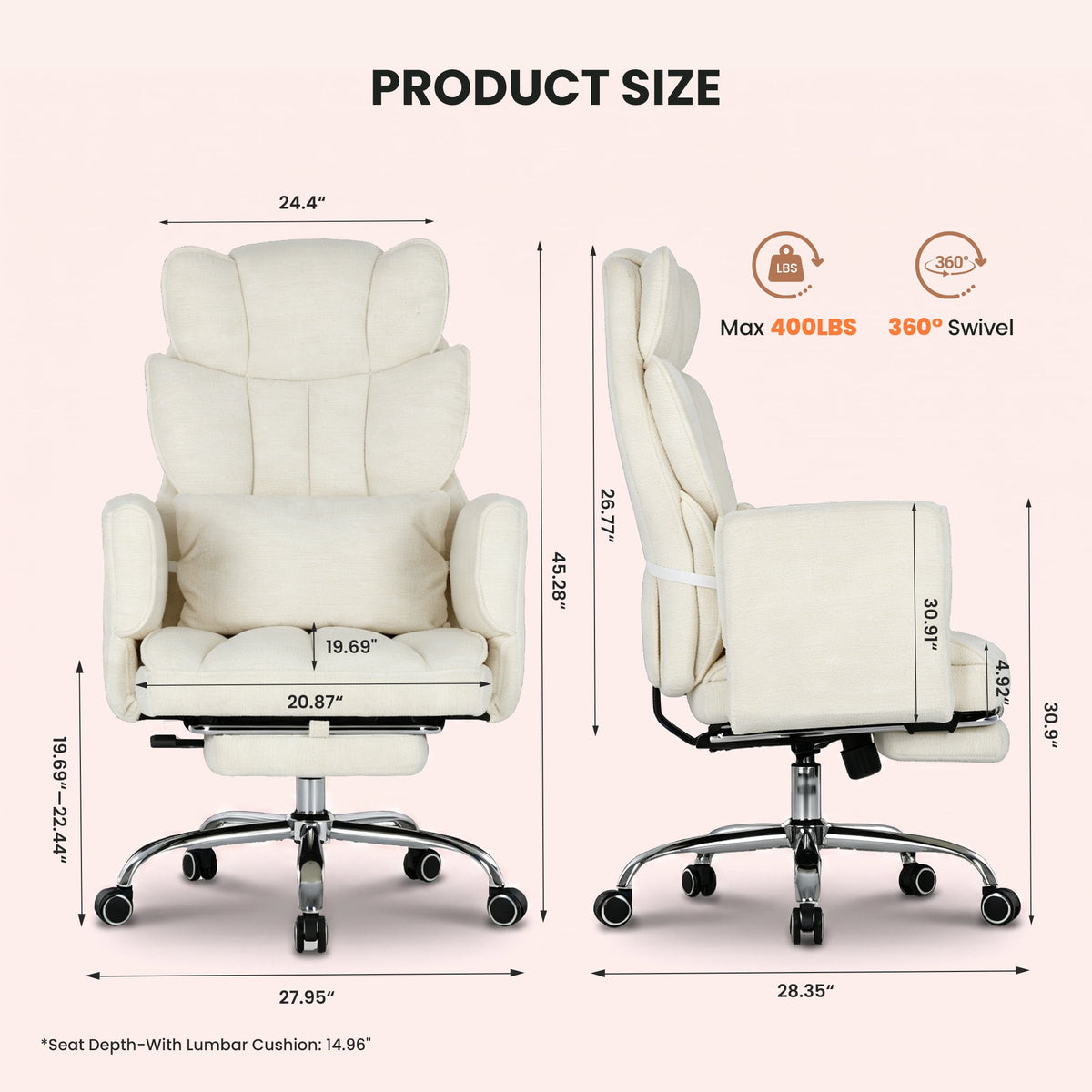 EOP Office Chair, Swivel Ergonomic Large Desk Chair with Adjustable Backrest and Footrest, Flip Armrests Home Executive Office Chair for Work, Gaming, Beige