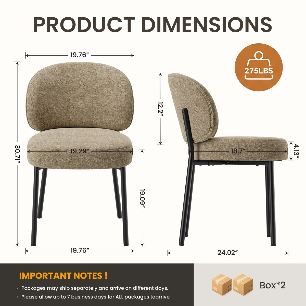 EOP Upholstered Dining Chairs Set of 4, Mid-Century Modern Dining Room Chairs with Curved Backrest and Metal Legs, Chair Kitchen for Dining Room, Camel