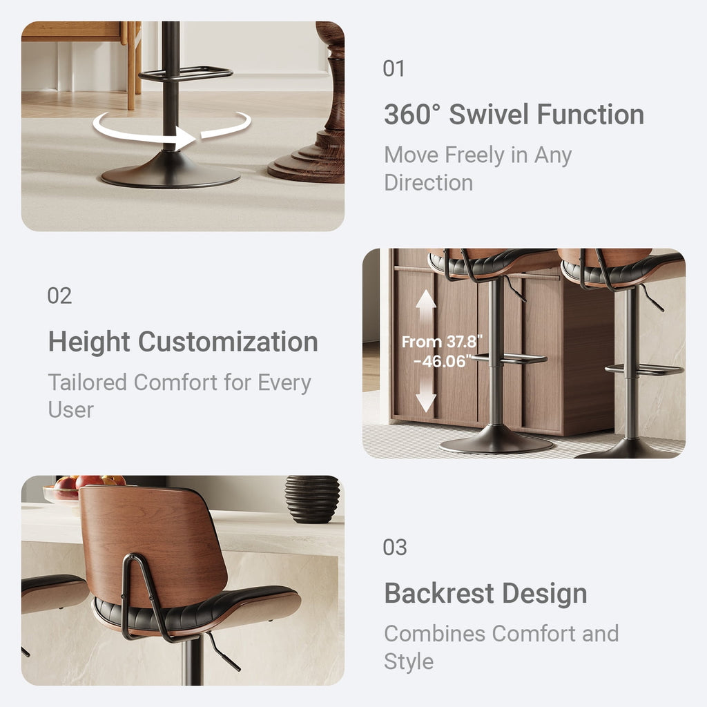 EOP Modern Single Upholstered 26’’H Barstool, Adjustable Height Counter Stool with Bentwood, Faux Leather Swivel Bar Stool with Metal Frame, Black