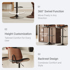 EOP Modern Single Upholstered 26’’H Barstool, Adjustable Height Counter Stool with Bentwood, Faux Leather Swivel Bar Stool with Metal Frame, Black
