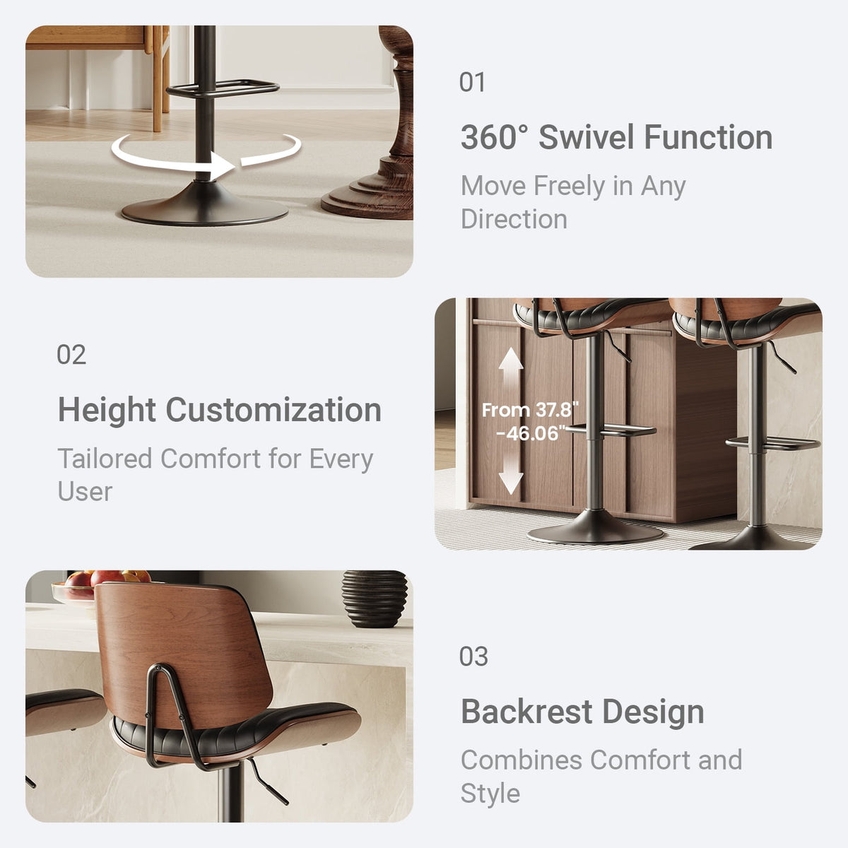 EOP Modern Single Upholstered 26’’H Barstool, Adjustable Height Counter Stool with Bentwood, Faux Leather Swivel Bar Stool with Metal Frame, Black