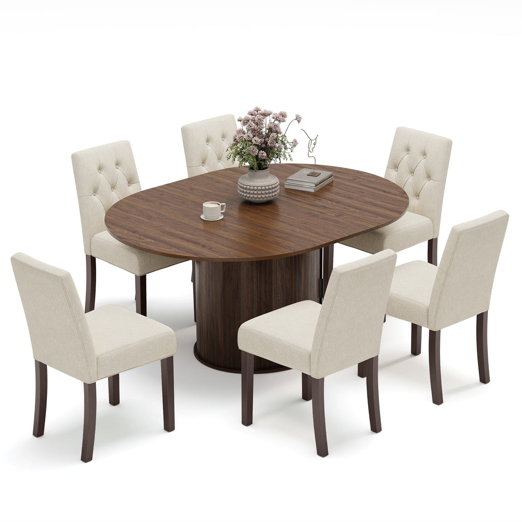 EOP 7-Piece Extendable Dining Table Set for 6, 47"-63" Wood Kitchen Table with 6 Upholstered Chairs, Space-Saving Drop Leaf Kitchen Table for Dining Room, Small Space
